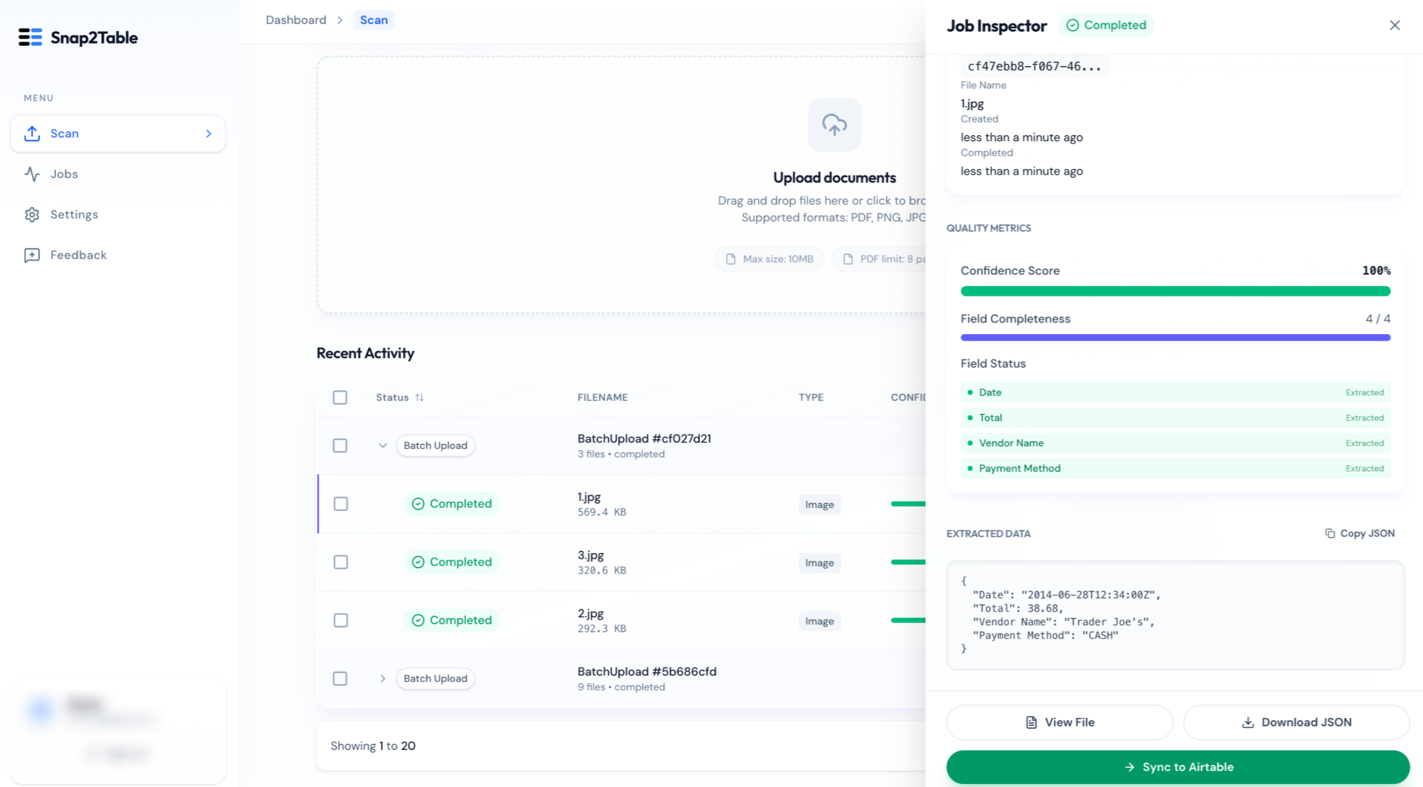 Snap2Table Dashboard Interface